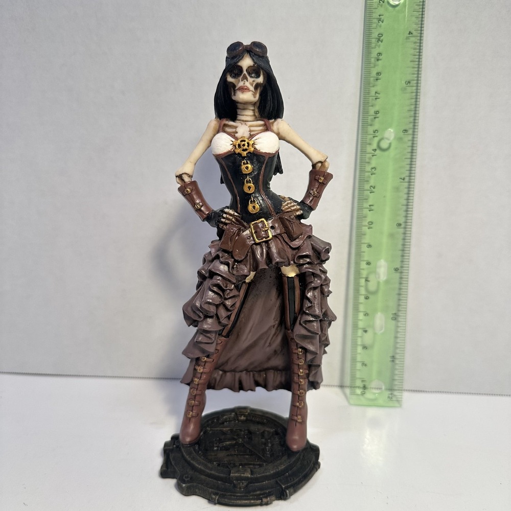Gothic Ebros Steampunk Skeleton Woman Figurine Goggles Skull Lady Resin 7.5H